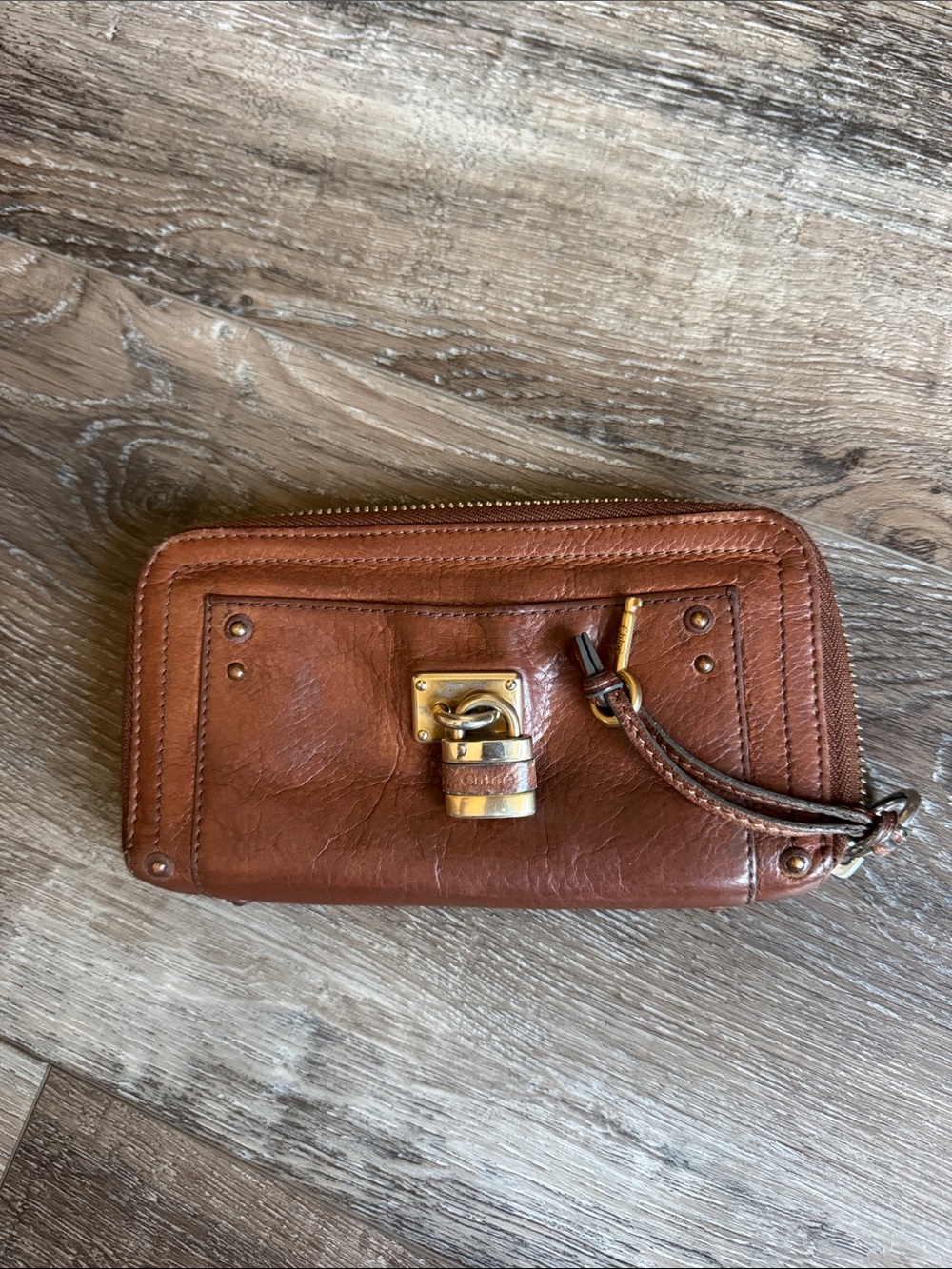 Chloé Paddington Cognac Brown Leather Zip Around Continental Wallet Padlock